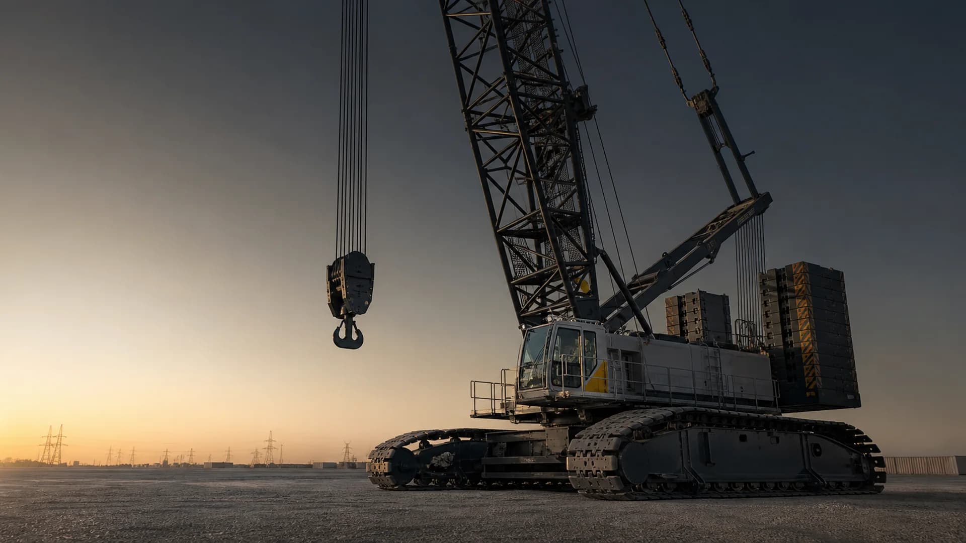 A large crawler crane in a UAE industrial yard at dawn
